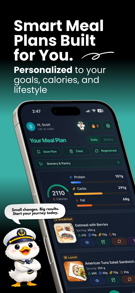 Meal Ark app interface displaying a personalized daily meal plan with calorie and macro tracking features
