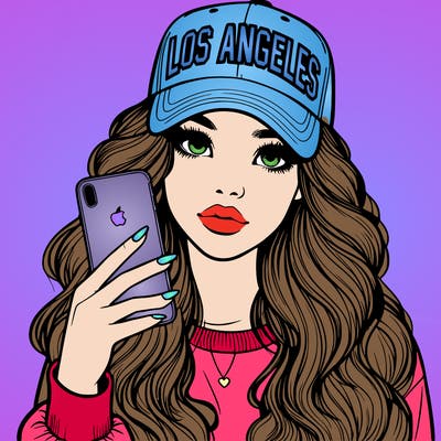 realistic beautiful girl wearing los ángeles cap holding an iphone