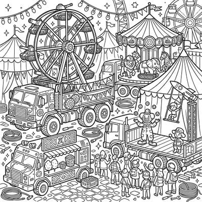 Experience an imaginative twist where powerful military trucks transform into exciting carnival attractions. This unique coloring page brings together the thrill of machinery and the joy of a bustling fair.
