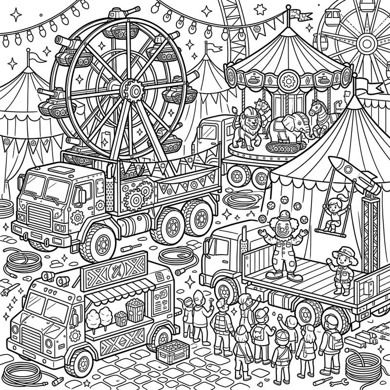 Experience an imaginative twist where powerful military trucks transform into exciting carnival attractions. This unique coloring page brings together the thrill of machinery and the joy of a bustling fair.
