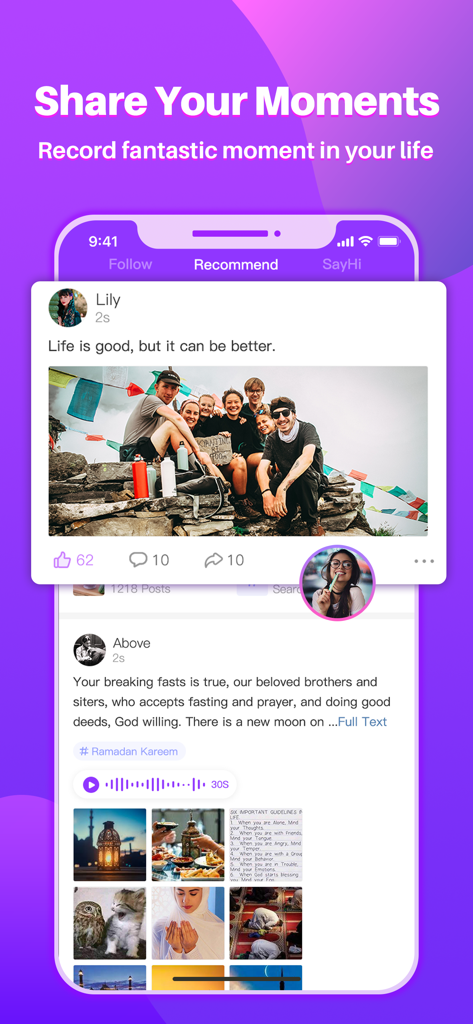 StarChat app social feed showing community posts and shared moments