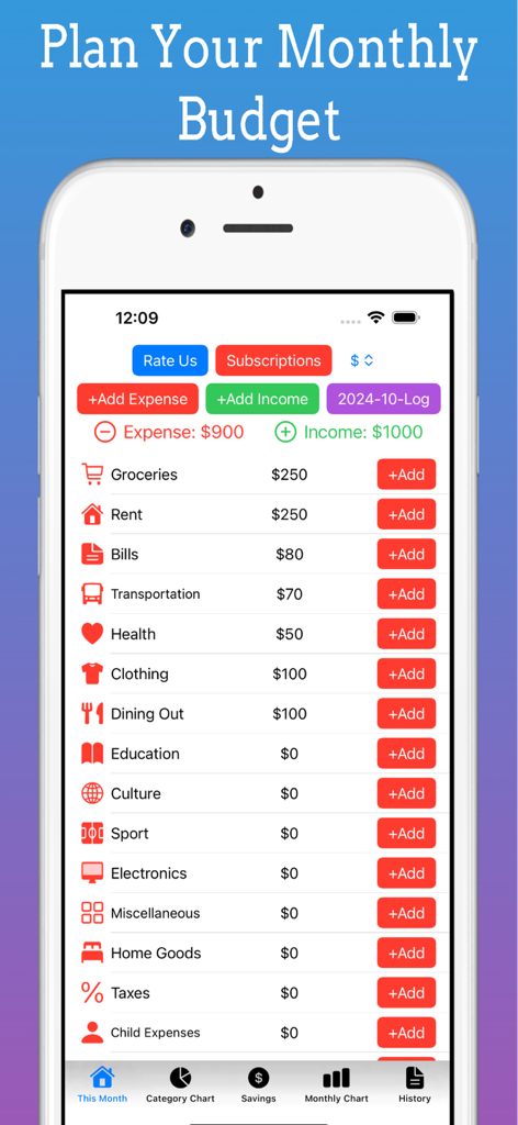 Budget App , Expense Tracker - Pantalla de planificación de presupuesto mensual que muestra categorías de gastos y resumen de ingresos