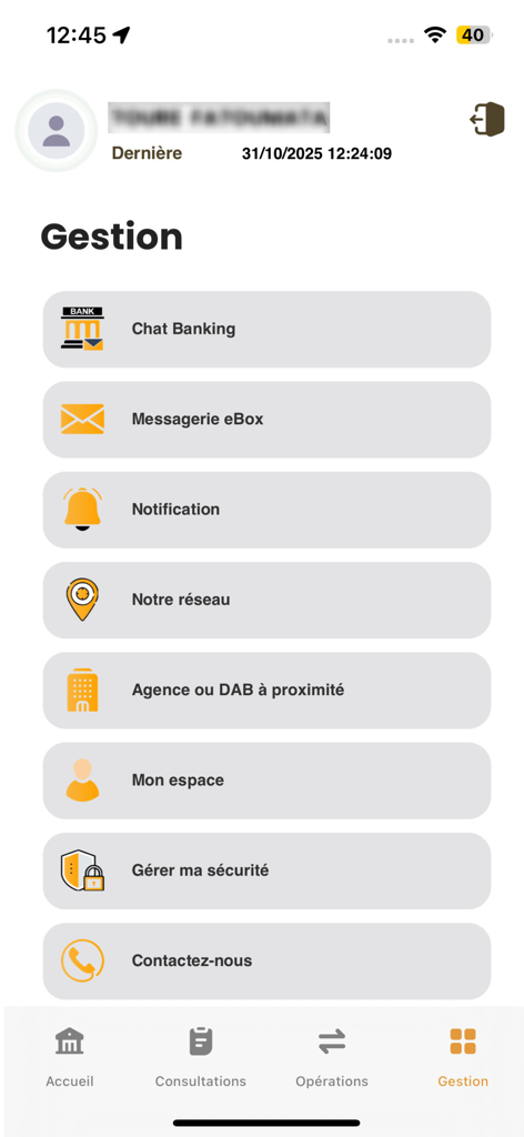 The management menu interface of the BMSKIBARU mobile banking app featuring account and security settings