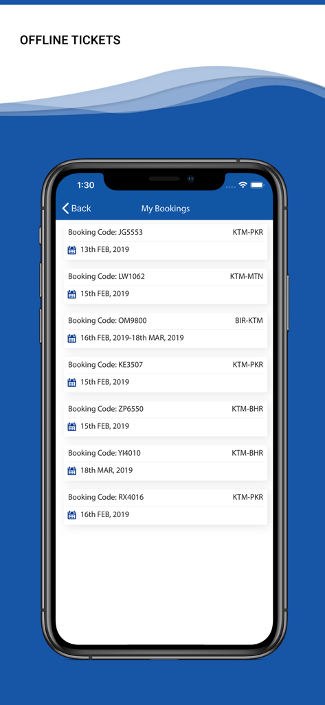 Buddha Air - Una pantalla de teléfono inteligente que muestra la página Mis Reservas de la aplicación Buddha Air con una lista de boletos de vuelo sin conexión.