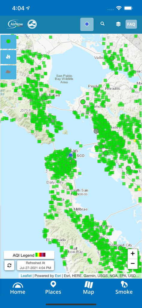 EPA AIRNow - La interfaz del mapa de la aplicación EPA AIRNow muestra marcadores de índice de calidad del aire verdes en toda el Área de la Bahía de San Francisco.