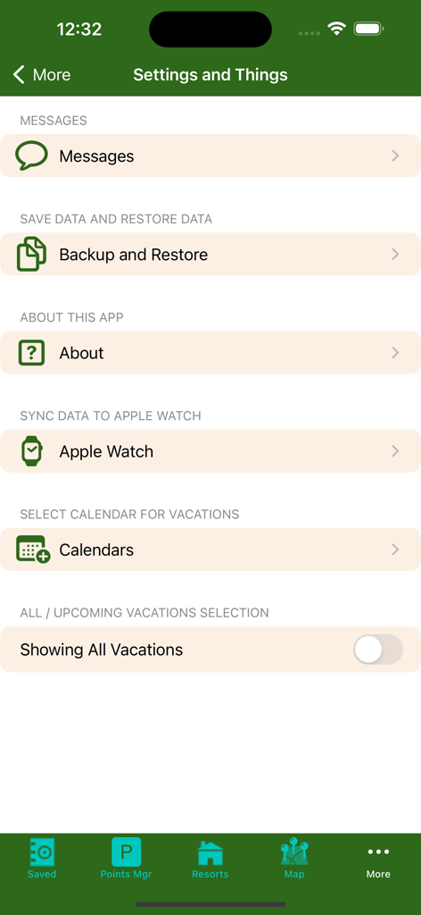 Settings menu of the DVC Planner app showing options for messages, backup and restore, about, apple watch sync, and calendars