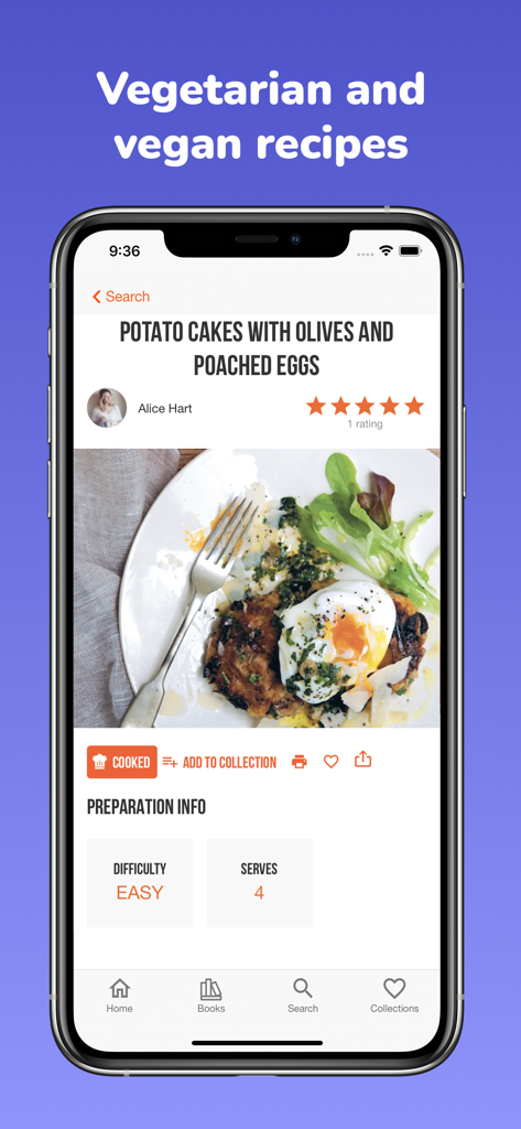 ckbk: discover great cookbooks - Smartphone displaying a vegetarian potato cakes recipe on the ckbk cookbook app