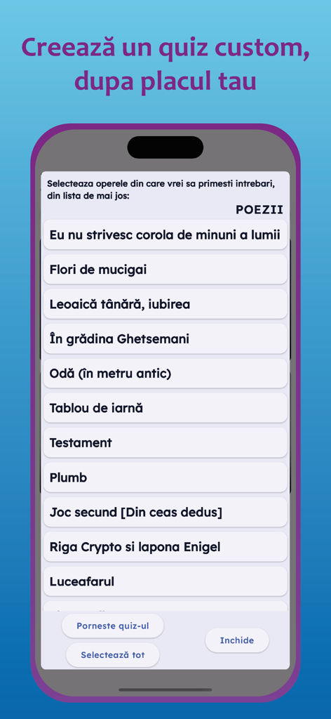Custom quiz selection screen in the Quizuri BAC Romana app for Romanian literature exam preparation.