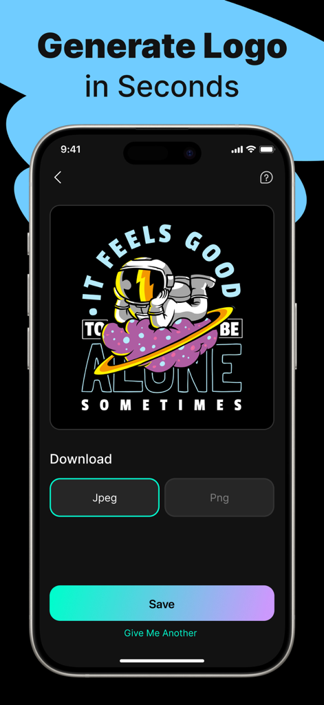 Logo Maker - AI Art Design - Interfaz de la aplicación Logo Maker AI Art Design mostrando un logo generado de astronauta y opciones de descarga para formatos Jpeg y Png