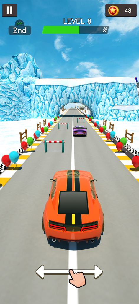 Mega Ramp Car: Stunt Car - Orange car racing on a snowy track with obstacles in Mega Ramp Car