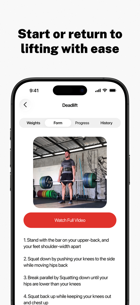 Pantalla de la aplicación Stronglifts que muestra instrucciones y video de la forma de ejercicio para levantamiento de pesas