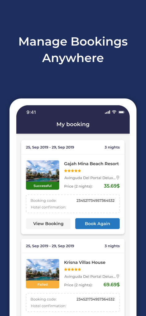 Travala mobile app screen displaying a list of hotel and resort bookings with status indicators.