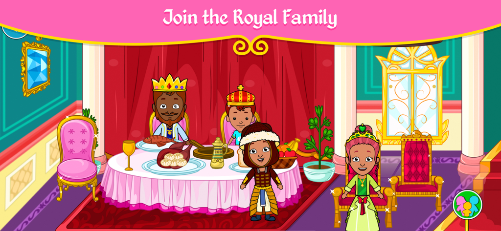 Royal family characters sitting at a dinner table in a castle