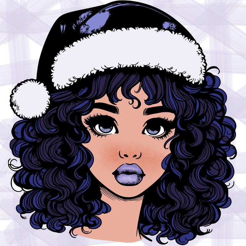 realistic girl with a santa hat curly hair and lips