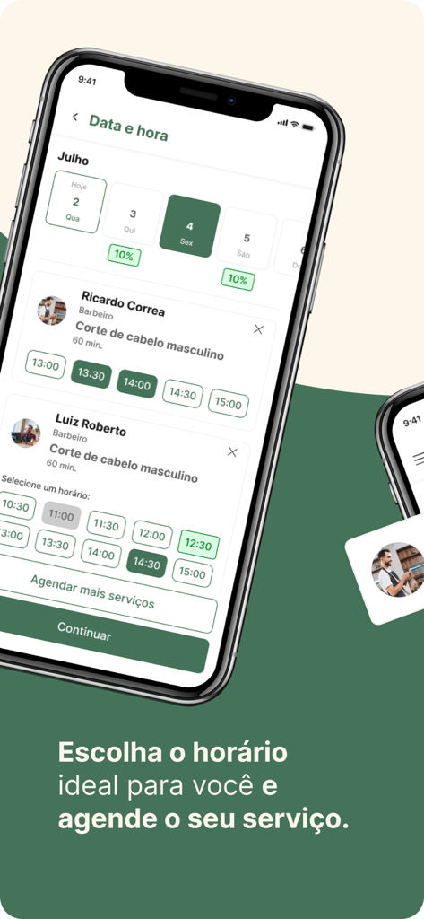 Barbearia Retrô. - Mobile app interface showing the date and time selection screen for scheduling a men's haircut with specific barbers.