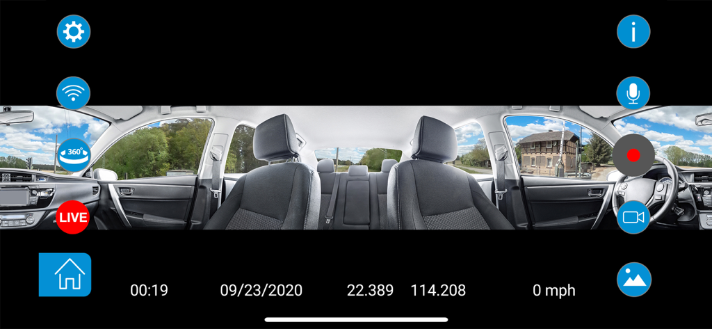 Interface of the TYPE S Drive app showing a panoramic 360-degree dash cam view of a car interior and exterior with recording icons and GPS data.