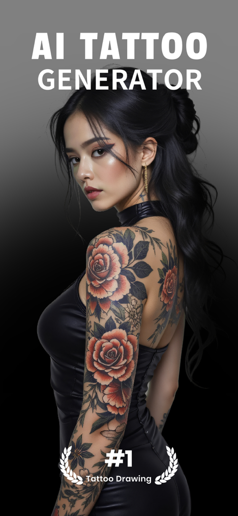 AI TattooGen - Ink Art - Una donna che mostra una grande manica con tatuaggio floreale personalizzato progettato utilizzando AI TattooGen