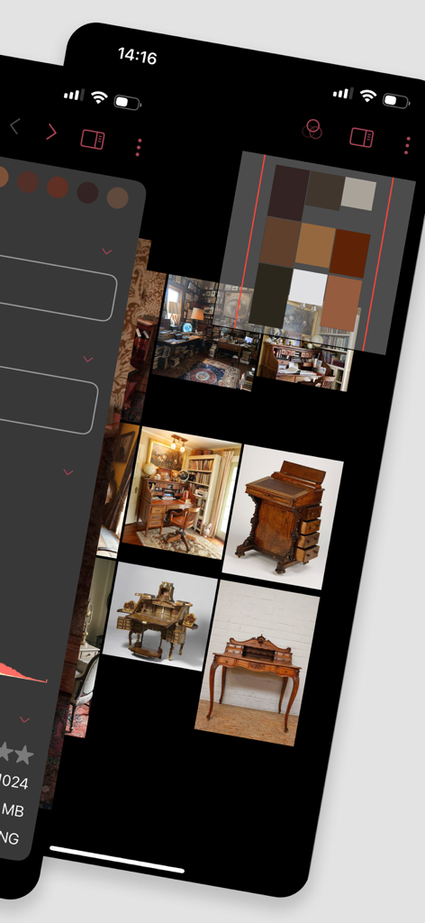 Expressive MoodBoardのモバイルインターフェース。カラーパレットと配置ガイドラインを備えた画像グリッドを表示しています。