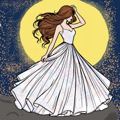 realistic woman with dress flowing in the wind
