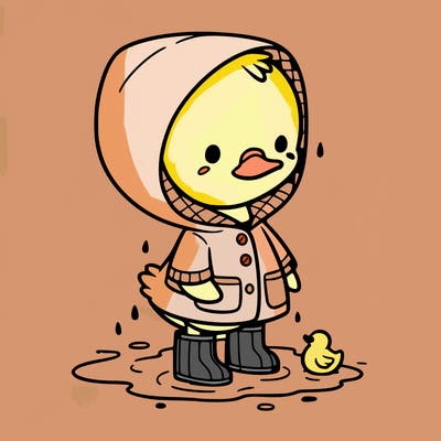 baby duck in a rain coat and boots, in a puddle while it’s raining