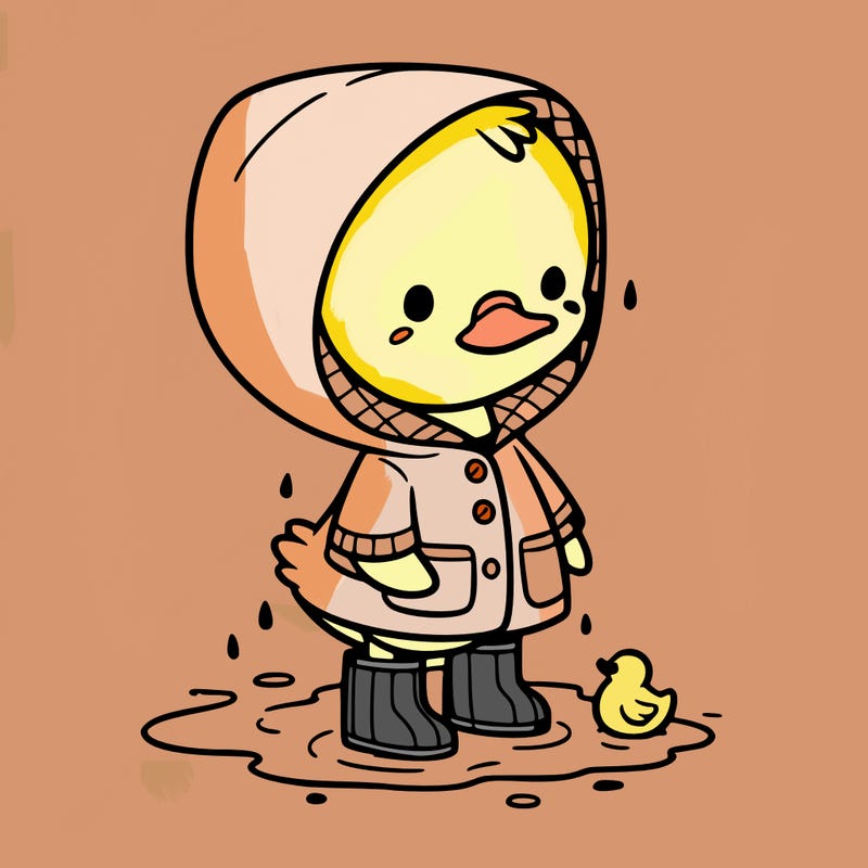 baby duck in a rain coat and boots, in a puddle while it’s raining