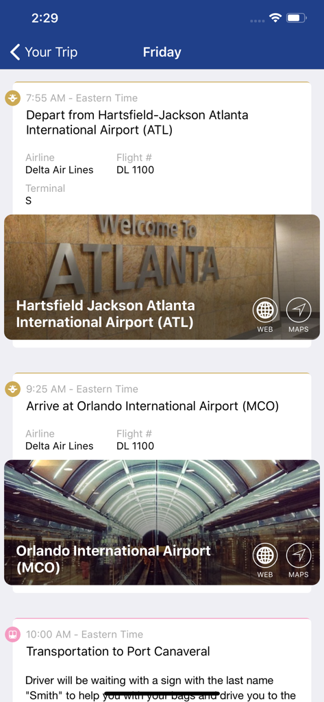 My Travel Planner App - My Travel Planner App interface showing a detailed flight itinerary from Atlanta to Orlando with departure and arrival times.
