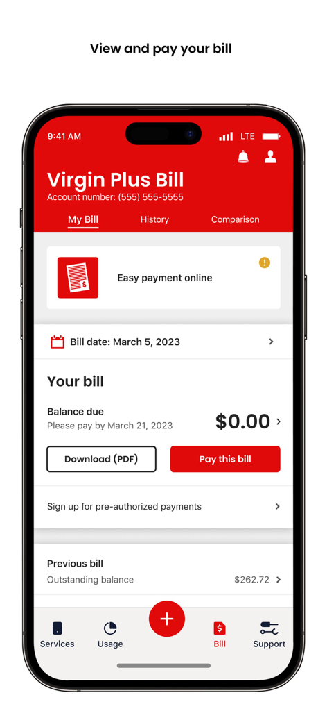 Painel de cobrança do aplicativo móvel Virgin Plus mostrando saldo e opções de pagamento