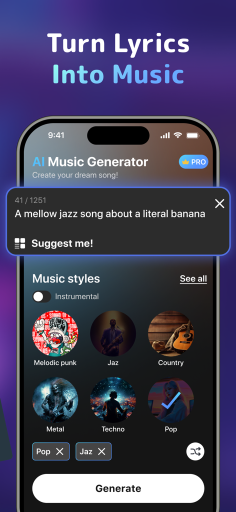 AI Song & Voice Generator - AI Song and Voice Generator app interface with music style selection and a text prompt input