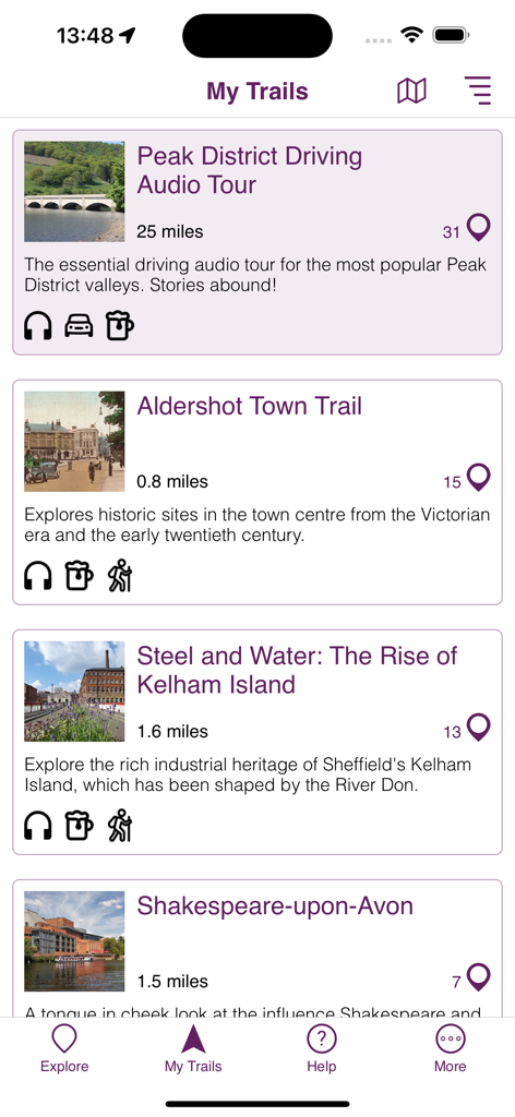 A list of available walking and driving tours in the Places and Trails mobile app including the Peak District and Shakespeare trails