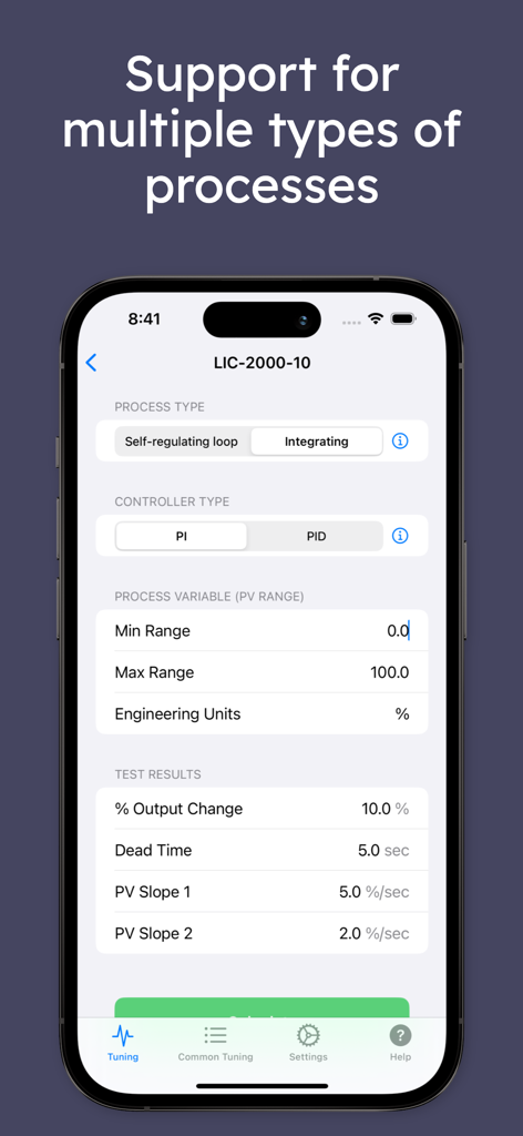PIDTuner - PIDTuner app interface showing configuration settings for self-regulating and integrating process loops including test results and variable ranges.