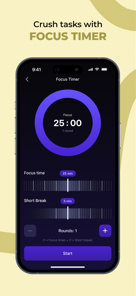 A smartphone showing the Wisey app focus timer interface with a 25 minute countdown and customizable work and break intervals.