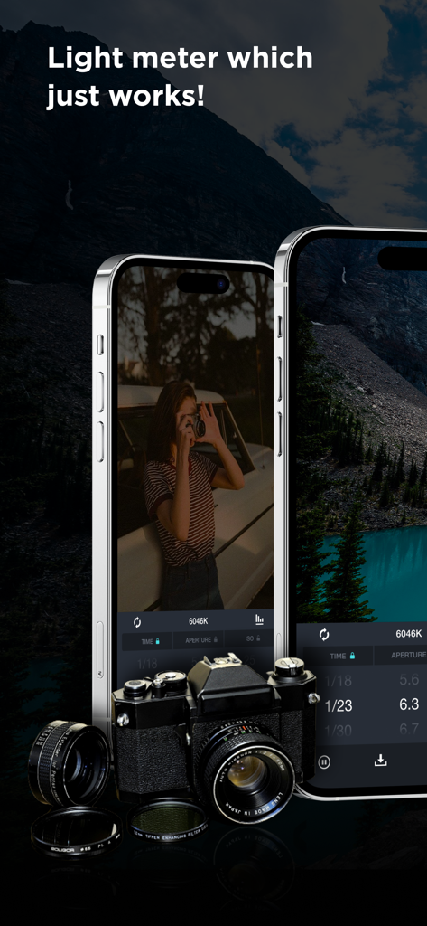 Interfaz de la aplicación de fotómetro en iPhone mostrada con una cámara analógica y lentes para fotografía manual