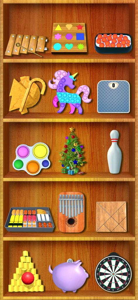 A variety of 3D antistress and fidget toys displayed on a wooden bookshelf