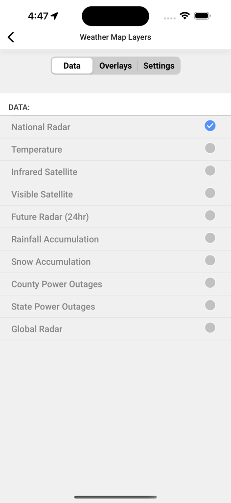 Weather map layers settings screen in the KSAT 12 Weather app