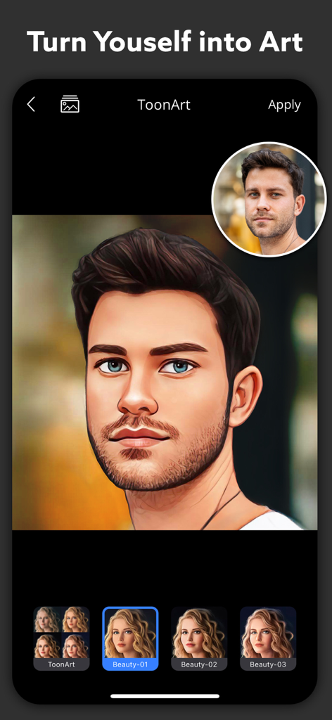 Polaroid AI Photo : ToonArt - Interface do aplicativo ToonArt mostrando um retrato masculino transformado em uma ilustração de desenho animado digital usando filtros de IA.