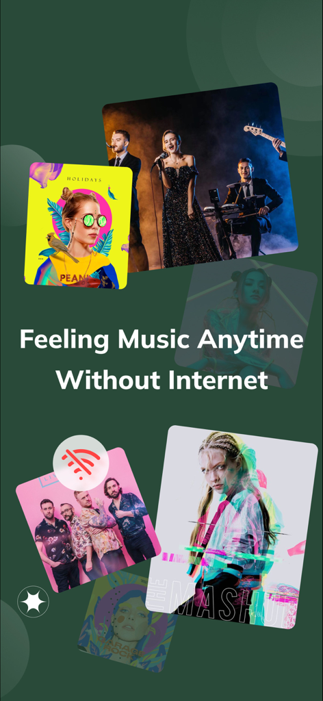 Wakee app screen displaying offline music playback feature without internet