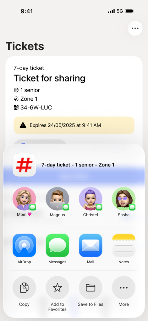 Interfaz de la app Ruter para compartir un billete de transporte a través de la hoja de compartir de iOS.