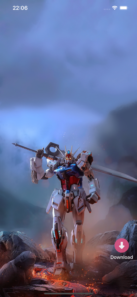 Wallpapers -Selected HD Images - A high-definition mecha robot wallpaper on an iPhone screen with a download button