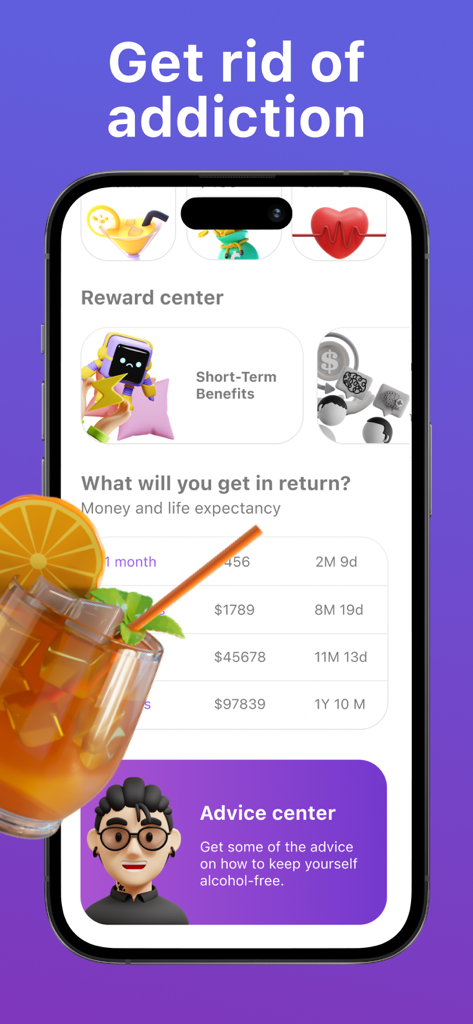 Sober Time app interface showing a reward center and statistics for money and life expectancy saved by quitting alcohol