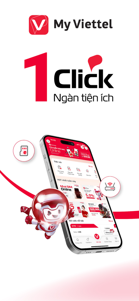 Bannière promotionnelle pour l'application My Viettel présentant l'écran d'un smartphone affichant l'interface d'accueil et le slogan 1 Clic Mille Utilités.