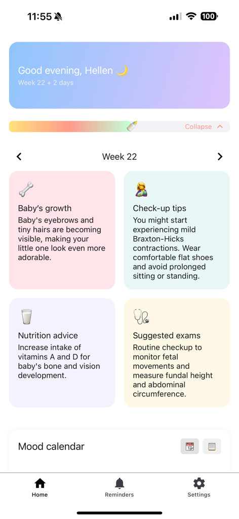 MamaNest - MamaNest app dashboard showing week 22 pregnancy milestones with tips on baby growth nutrition and medical checkups