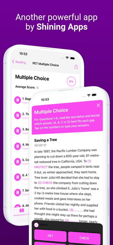 English B1 PET - English B1 PET app screen showing reading comprehension questions and multiple choice exercises