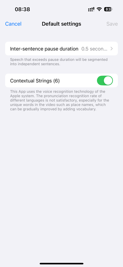Build SRT - Página de configuración de la aplicación Build SRT que muestra opciones para la duración de la pausa de la oración y el vocabulario de cadenas contextuales