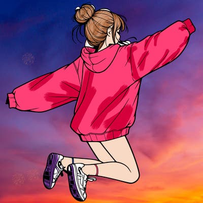 realistic girl jumping with a bun and oversized sweatshirt