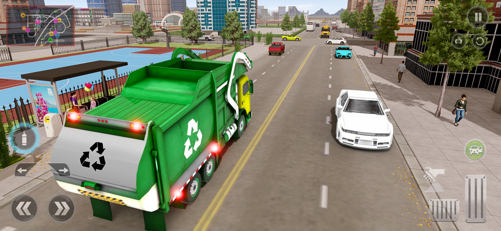 Truck Driving Games Simulator - A green recycling garbage truck driving through a city street with realistic graphics in a truck driving simulator game