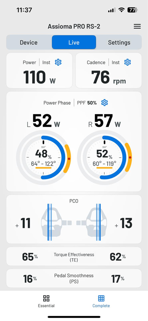 Live cycling metrics dashboard on Favero Assioma app showing power cadence and pedal analysis