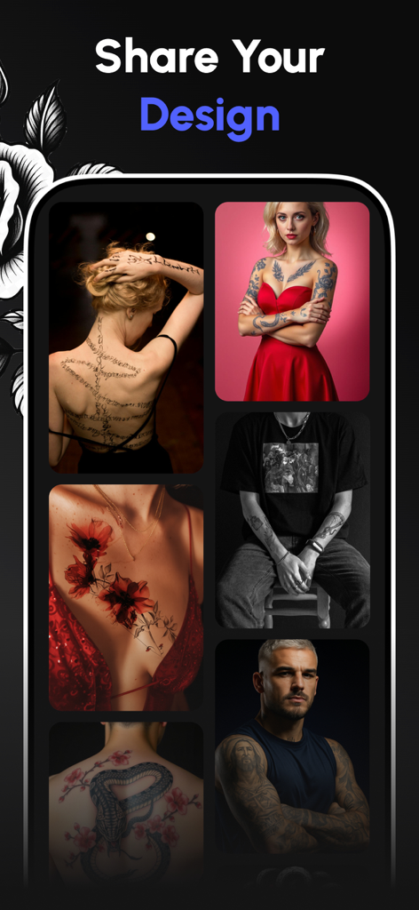 AI Tattoo Design - AI Ink - Una galería de diversos diseños de tatuajes generados por IA en varios modelos para compartir en redes sociales e inspiración.