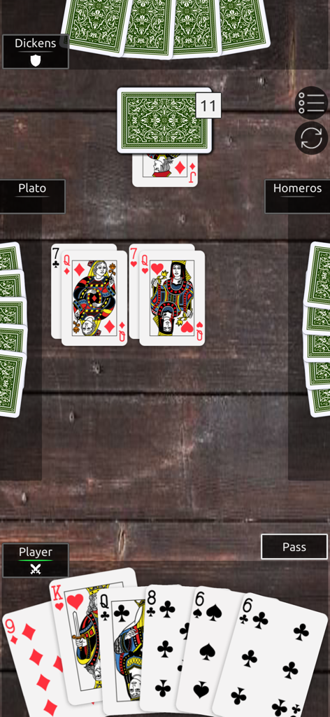 Durak - Fun Classic Card Game - Una partida clásica del juego de cartas Durak en progreso sobre una mesa virtual de madera mostrando las cartas de los jugadores y el palo de triunfo.