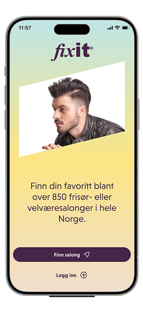 Fixit Timebestilling - Fixit mobile app home screen showing a stylish man and a button to find beauty salons in Norway