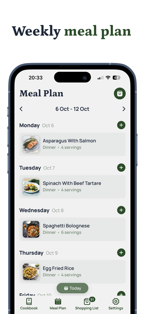 Avocadish: Recipes & Mealplan - Écran de plan de repas hebdomadaire dans l'application Avocadish montrant les recettes planifiées du lundi au vendredi.